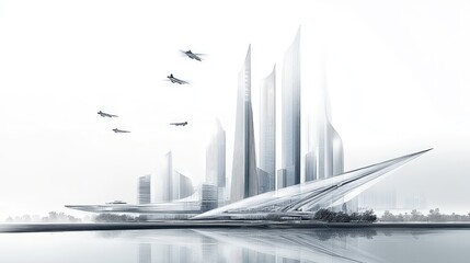 Fototapeta premium Futuristic cityscape with sleek skyscrapers and flying vehicles in a serene environment.