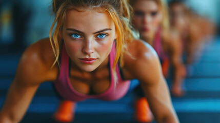 Young woman performing push-ups in a fitness studio during a group workout session in the morning light. Generative AI