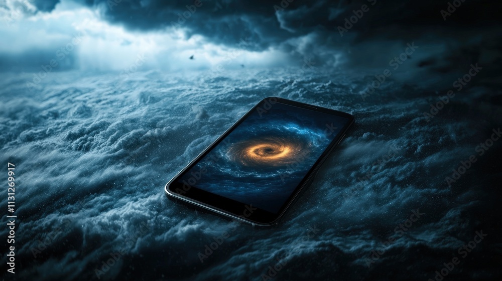 Aufkleber a tornado warning alert displayed on a smartphone against a stormy background.