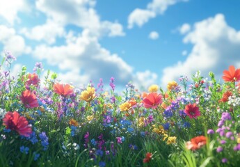 Vibrant Blooming Field of Colorful Wildflowers Under a Clear Blue Sky with Fluffy White Clouds, Evoking a Sense of Peace and Natural Beauty in a Bright Spring Day