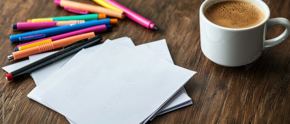 Poster a neat stack of notepaper surrounded by colorful pens and a warm coffee cup.