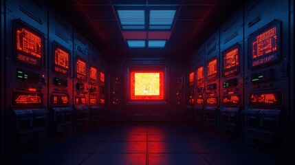 Futuristic Control Room with Neon Red Interface and Monitors