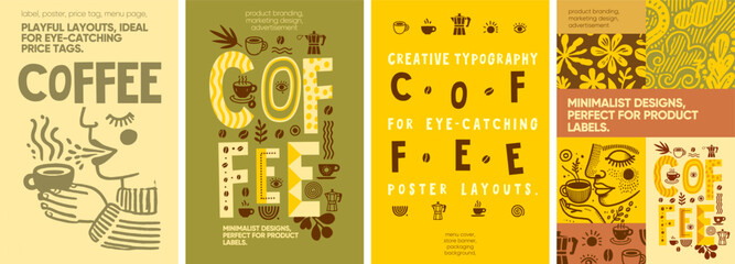 Coffee. Warm and inviting coffee-themed designs with rustic hand-drawn elements, ideal for labels, posters, and promotional branding materials.