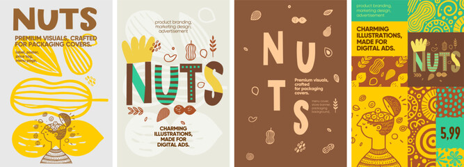 Nuts. Elegant and charming nut-inspired designs with hand-drawn elements, tailored for food packaging, promotional materials, and branding.