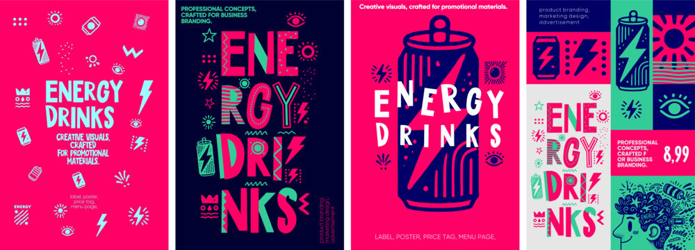 Energy Drinks. Bold and energetic visuals with vibrant hand-drawn elements, tailored for promotional posters, product branding, and modern packaging.