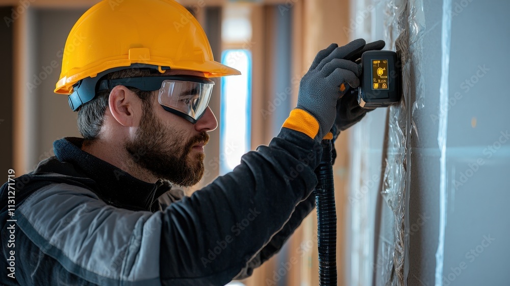 Poster a home inspector using a digital thermal camera to check a wall for leaks.