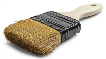 Angled view of a paintbrush with natural bristles and a plastic handle.