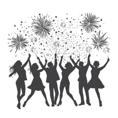Fototapeta premium silhouette of a group of people holding sparklers, dancing and cheering under a sky on a white background