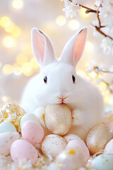 Delightful white bunny cradles a golden egg surrounded by pastel-colored eggs, amidst spring blossoms and warm light