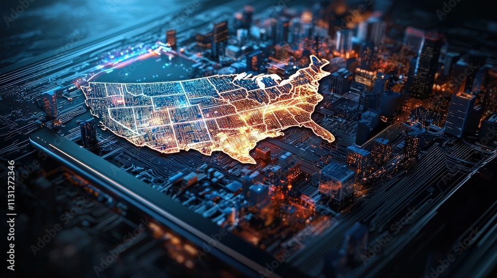 Poster A glowing state map displayed on a tablet, with cities highlighted in vivid colors.