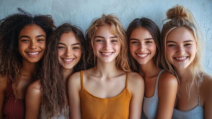Obraz premium A group of smiling diverse young people wearing casual clothes against a white background, illustrating the concept of friendship.