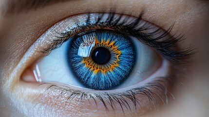 Fototapeta premium Close-up of a human eye with striking blue iris, on a white background, concept of vision.