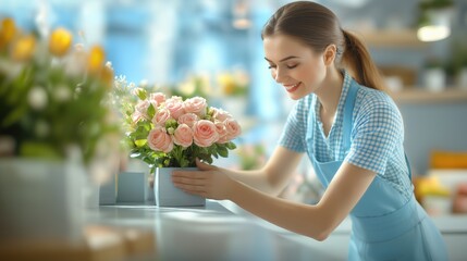 Fototapeta premium Young caucasian woman arranging pink roses in florist shop. The 14th of February. Happy Valentine's Day
