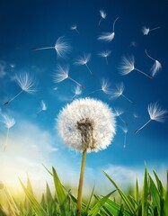 Obraz premium Generated image Dandelion flower with seeds flying away by wind at blue sky landscape background