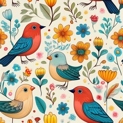 Obraz premium Generated image Seamless cartoon pattern of birds and flowers in bright colors for children