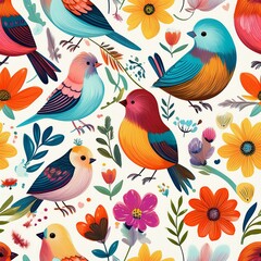 Obraz premium Generated image Seamless cartoon pattern of birds and flowers in bright colors for children