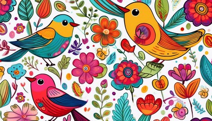 Obraz premium Generated image Seamless cartoon pattern of birds and flowers in bright colors for children