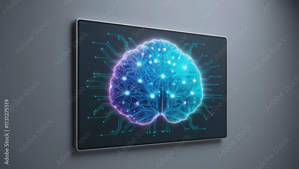 Poster glowing neural network visualized as brain on sleek digital background, representing advanced ai tec