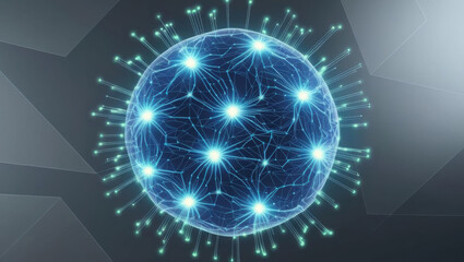 Naklejka premium glowing AI algorithm visualized as neural network in digital sphere, showcasing interconnected nodes and lines, representing advanced technology and innovation