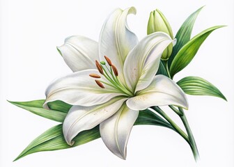 Obraz premium Beautiful watercolor white lily illustration, perfect for wedding invitations, cards, and packaging design. Elegant floral clipart on a clean white background enhances any project’s charm.