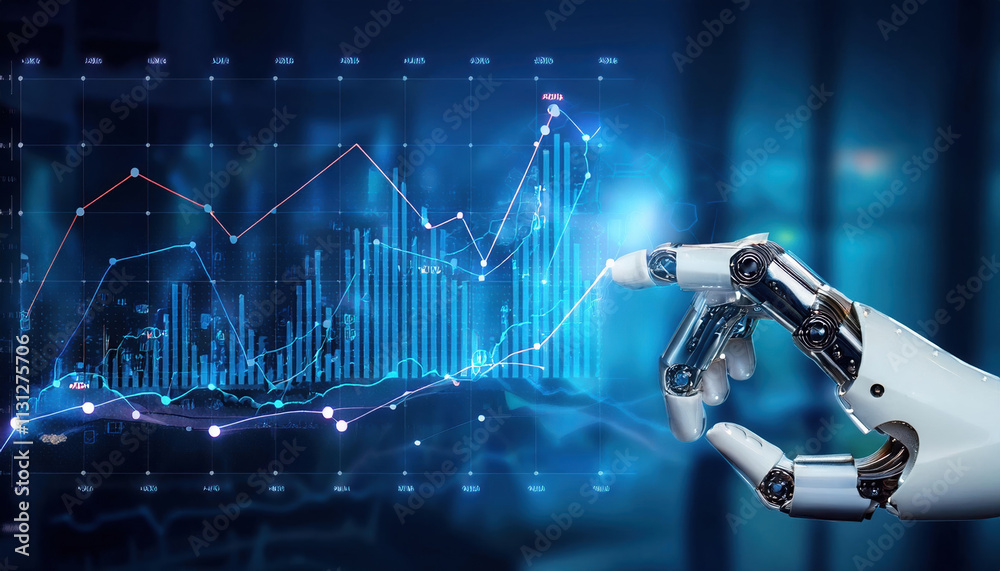 Poster robotic arm analyzing financial graphs, symbolizing ai driven automation and technology in finance. 