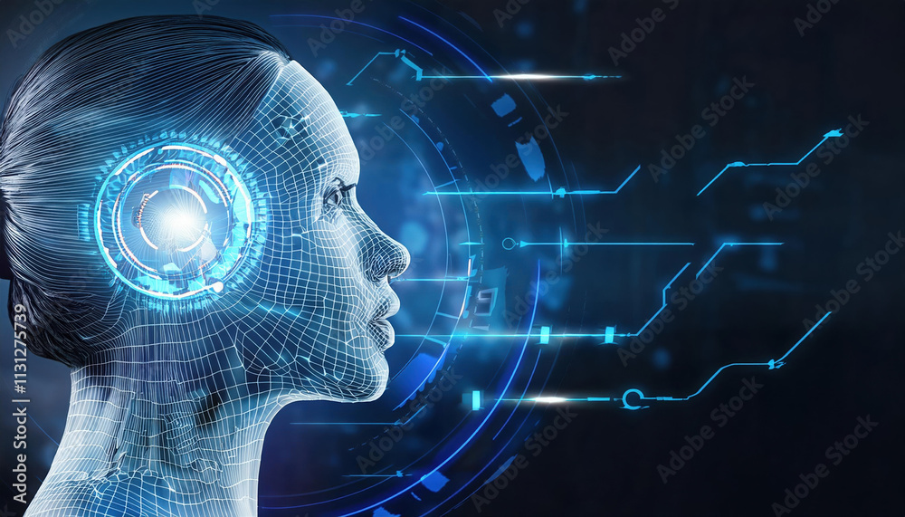 Poster futuristic digital representation of woman with glowing ai interface, showcasing advanced technology