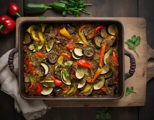 A colorful casserole featuring roasted eggplant, zucchini, and bell peppers, served with a side of rice, ai.