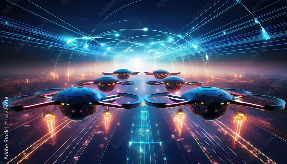 Poster autonomous drones flying in formation with glowing data streams connecting them, showcasing advanced