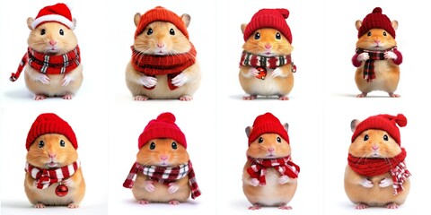 Obraz premium Adorable Hamsters in Winter Hats - Eight cute hamsters, dressed in warm red winter hats and scarves, symbolize joy, warmth, cuteness, holiday cheer, and winter fun.
