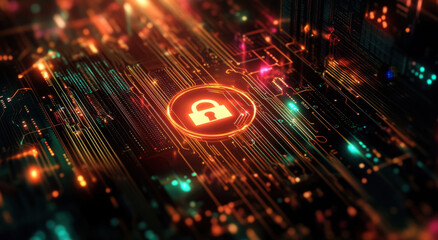 Obraz premium A digital lock symbol is prominently displayed in a vibrant network of glowing data streams and circuits, illustrating concepts of cybersecurity and data protection in a futuristic setting.