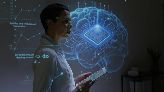 Female neuroscientist in white coat holding digital tablet, demonstrating brain implant technology on projection screen and giving speech in front of audience at medical conference