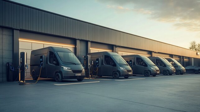 Electric vans charging at a modern warehouse.
