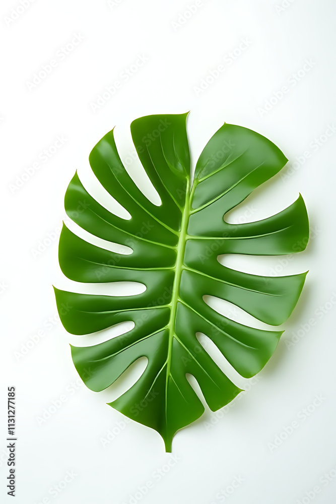 Poster Image of a Monstera leaf placed on a white background to create a tropical and botanical themed sales promotion offer._00003_