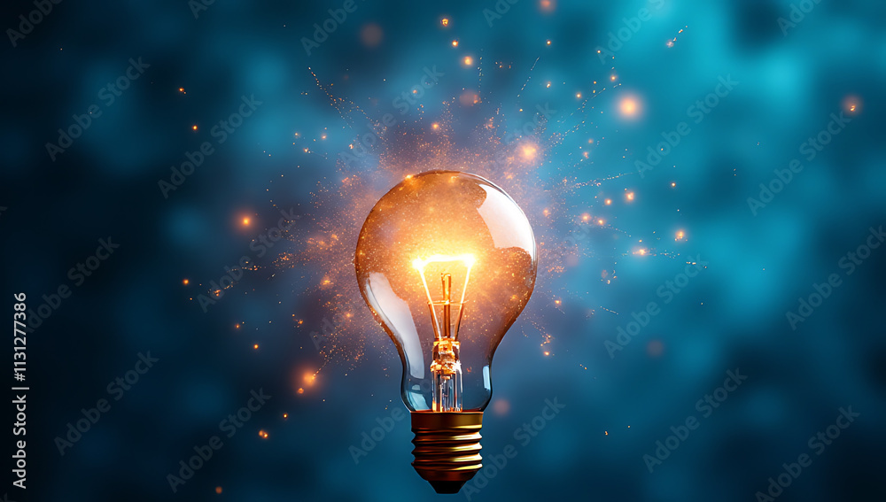 Poster ideas, inspiration concepts explode with vibrant sparkles and a shining light bulb against a bright 