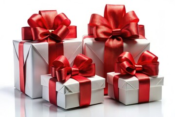 Obraz premium Bold red ribbon bows for Christmas gifts, featuring a flat design. Perfect for holiday decor, present embellishments, and festive celebrations throughout the New Year season.