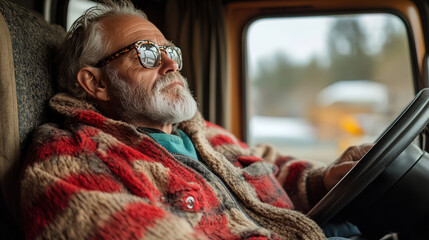 Older man in cozy sweater relaxes in vintage truck cabin during winter afternoon. Generative AI - Powered by Adobe