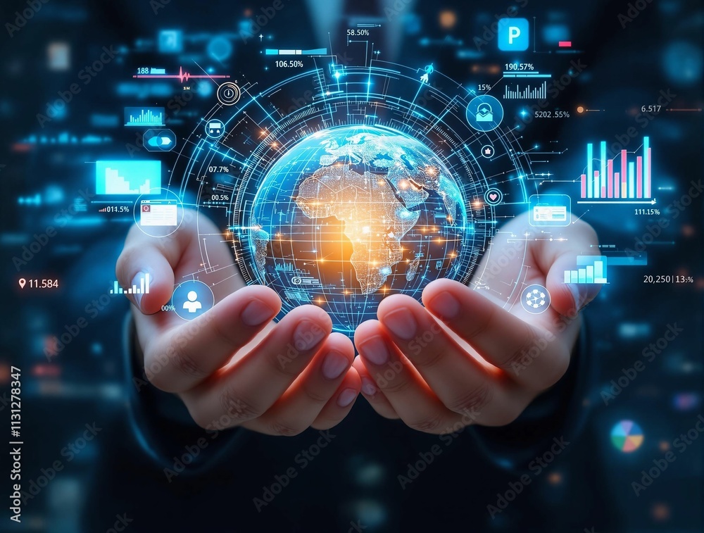 Poster Global connectivity, held in the palm of a hand.  A digital representation of the world, interconnected and managed.