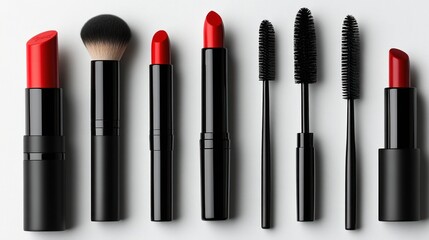 Obraz premium Assorted makeup products, including red lipsticks, black mascara wands, and a makeup brush, laid out on a white background..