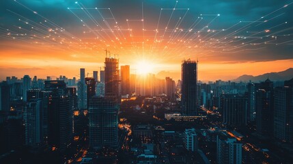 Fototapeta premium Modern Smart City with Advanced Infrastructure at Sunset Featuring Digital Connectivity and Innovation