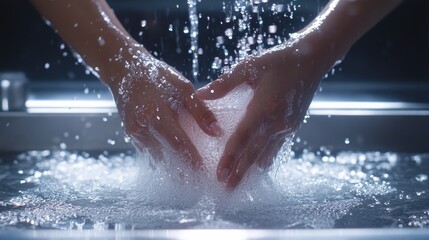 Fototapeta premium Hands submerged in water, creating bubbles around a glass.