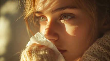 A young woman with expressive eyes sneezes while holding a tissue close to her face, sitting in a sunlit room, feeling the effects of seasonal allergies