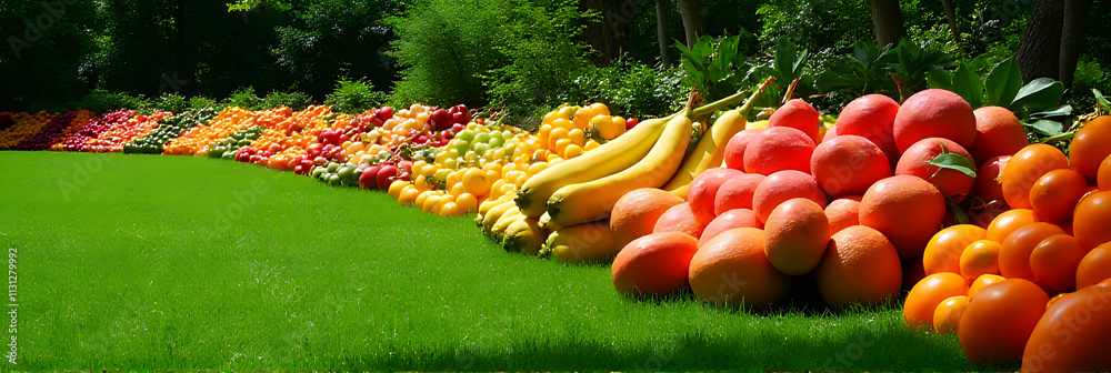 Poster fruits are arranged in a colorful and vibrant display on a large expanse of lush green grassy area o