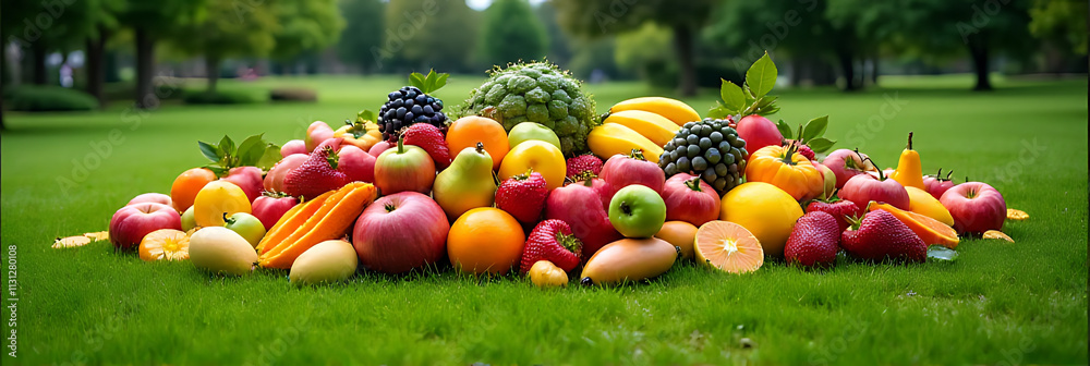 Poster fruits are arranged in a colorful and vibrant display on a large expanse of lush green grassy area o