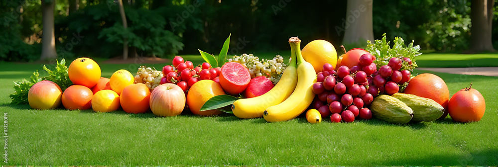 Poster fruits are arranged in a colorful and vibrant display on a large expanse of lush green grassy area o