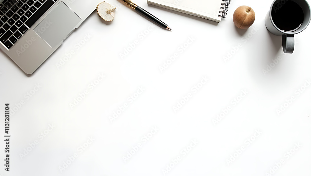 Aufkleber Flat lay design features business ideas with a top view of a digital device and work tools on a clean white background fostering creativity._00002_