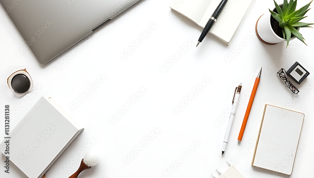 Poster Flat lay design features business ideas with a top view of a digital device and work tools on a clean white background fostering creativity._00003_