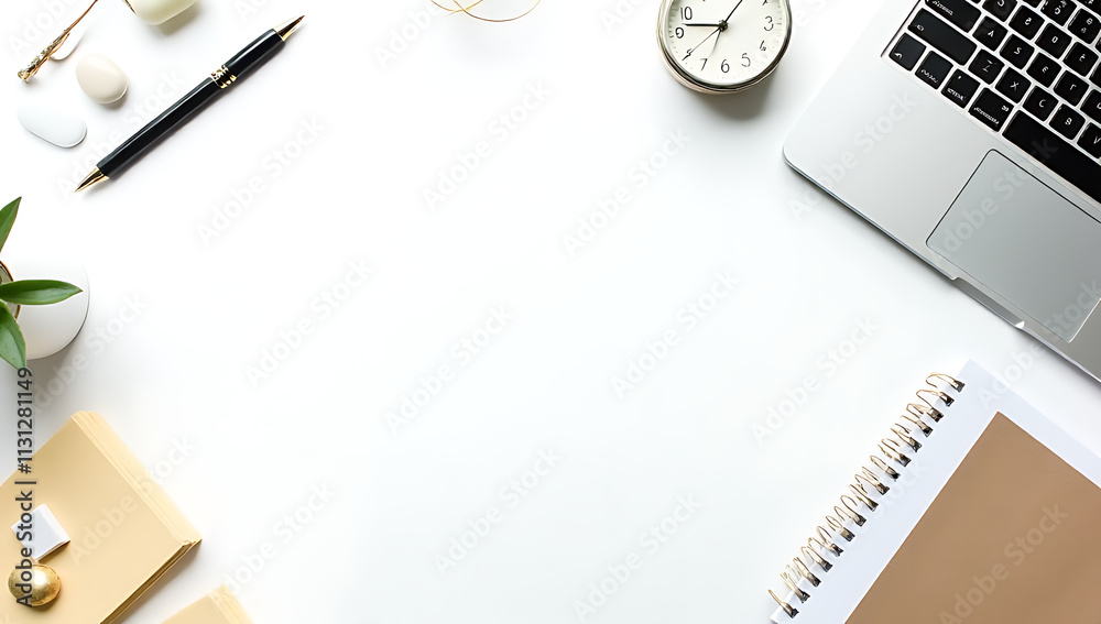 Aufkleber Flat lay design features business ideas with a top view of a digital device and work tools on a clean white background fostering creativity._00001_