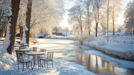 Cozy Winter Cafe by a Frozen Stream