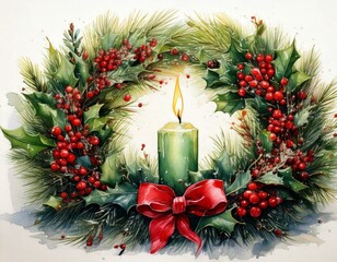 Christmas watercolor wreath with holly, berries, and a glowing candle in the center