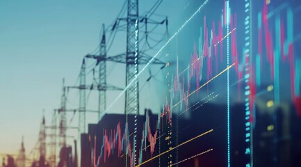 Des graphiques boursiers fluctuant avec un arrière-plan d'un réseau électrique avec des pylônes et des lignes électriques à haute tension, sur un fond coloré flou.